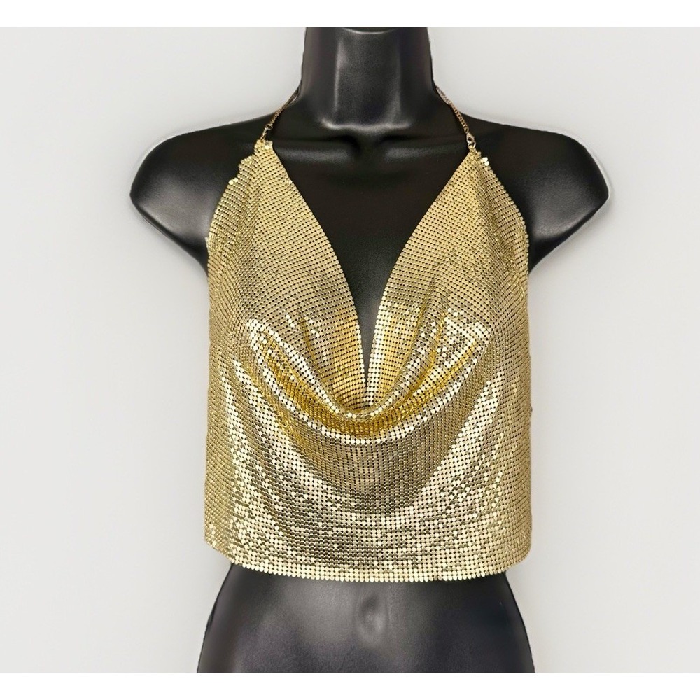 Vintage Cowl Neck Y2K Halter Adjustable V-Neck Backless Gold Chainmail Top Club